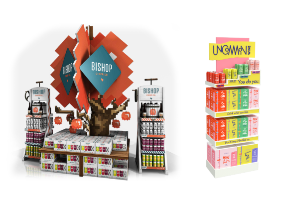 Bishop Cider (Dallas, TX) requested a large "hero" display for Specs, Total Wine, and other major beverage retailers. We built an 8‑bit tree using Falconboard and real wood.